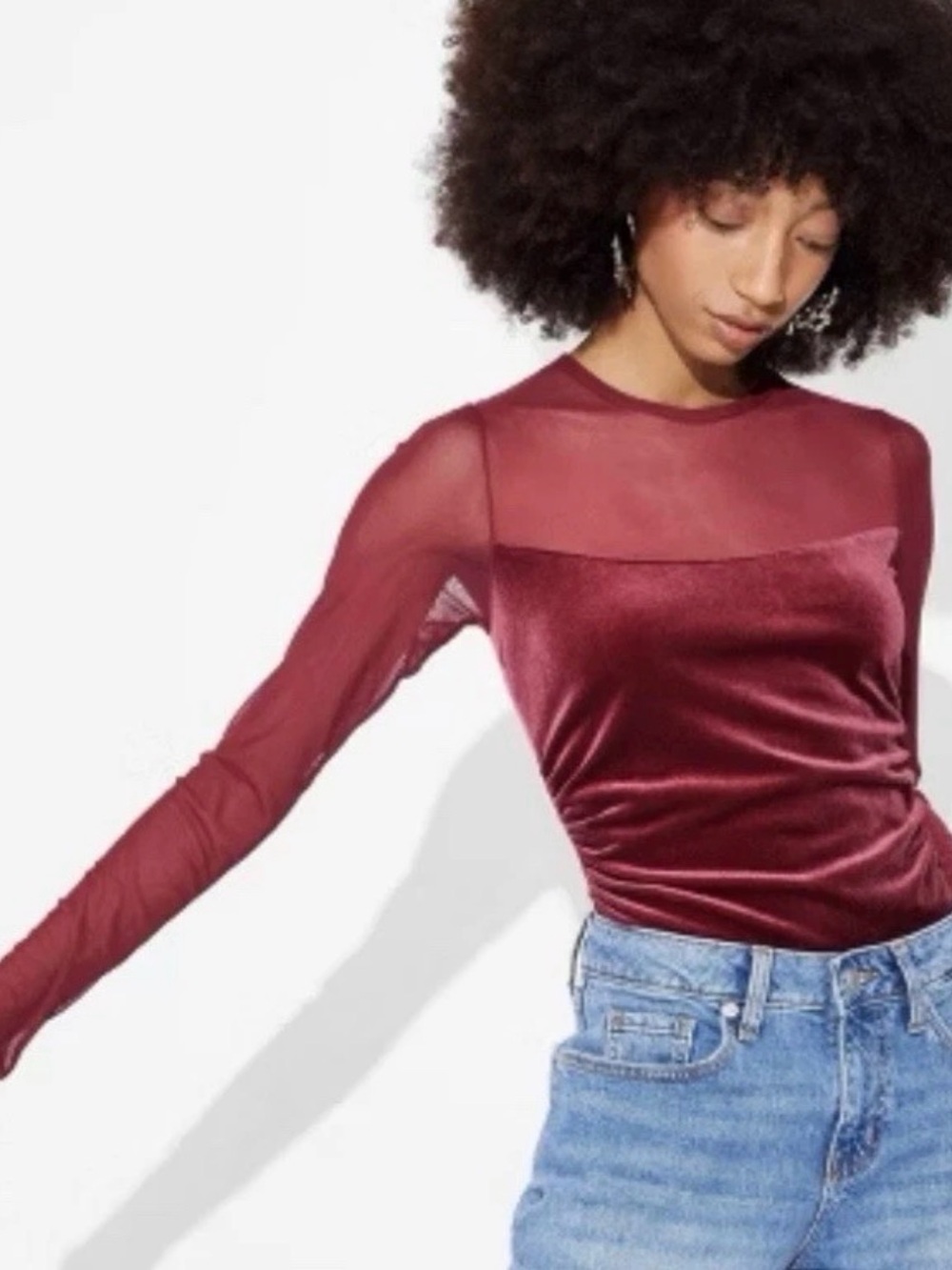 wild fable Burgundy Velvet & Mesh Long-Sleeve Top